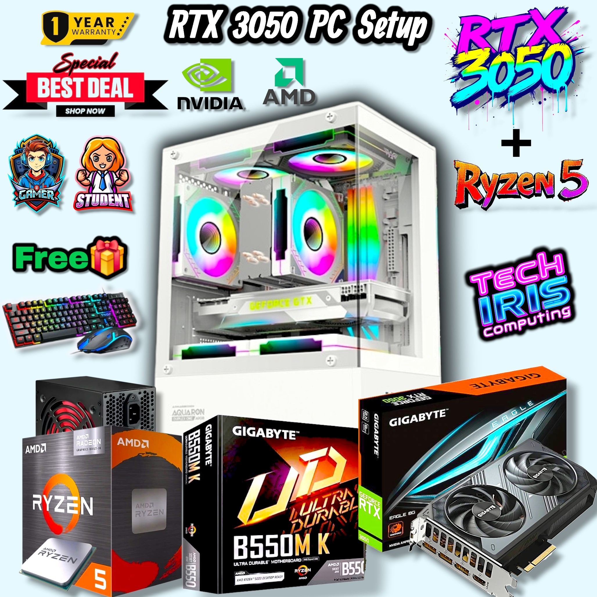 RX 6600XT Graphics Powered Gaming PC Full Setup with Ryzen 5 5500, 750Watt 80+Bronze PSU, 8/16GB RAM, 512/256GB Nvme Desktop.