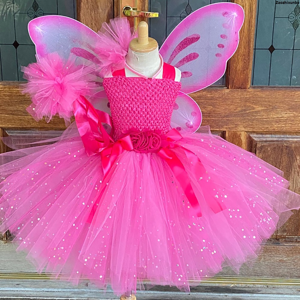 ZaozhixunbaGirls Pink Glitter Tulle Dress Kids Butterfly Fairy Tutu Dresses with Wing and Stick Hairbow Children Halloween Cosplay Costume Bargain price Hot Selling