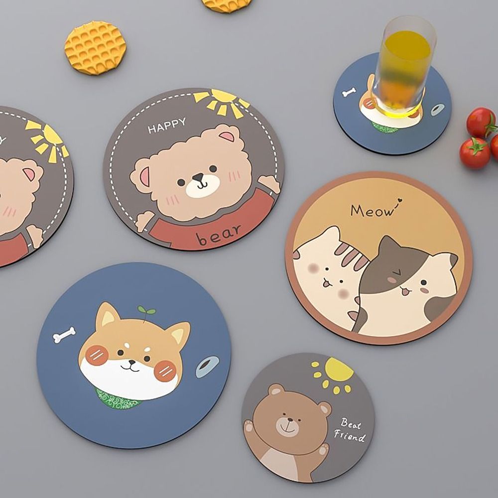 Cartoon S/L Coasters Bear Dog Cat Round Heat Insulation Pad Waterproof EVA Bowl Dish Pot Mats Home Kitchen