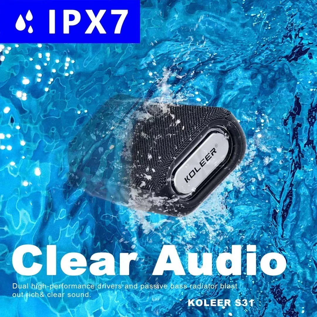 KOLEER S31 Portable Waterproof TWS Bluetooth Speaker with Deep Bass, Stereo Pairing, Rechargeable Battery, Hands-Free Calls, and Clip-On Design