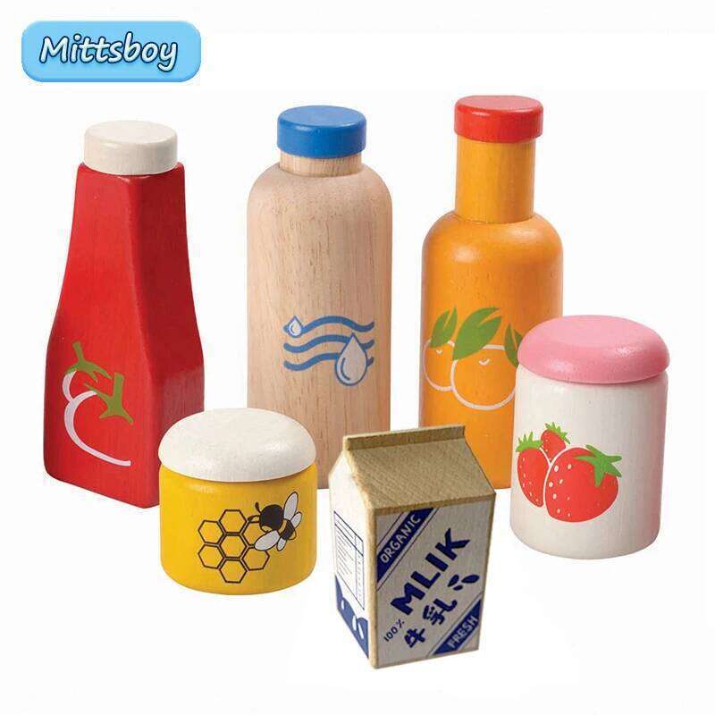 Baby Kitchen Toys Wooden 3D Play House Sauce Bottle Honey Lifelike Strawberry Solid Wood Simulation Educational Toy Gift