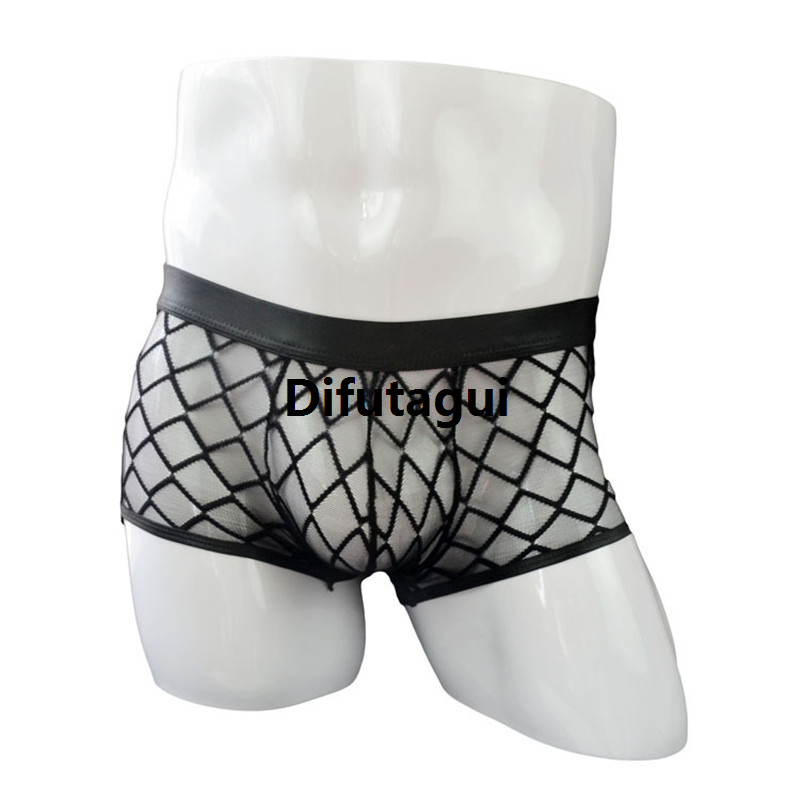 Difutagui New specials Transparent Mesh Men Underwear See Through Sales promotion Plaid Boxer Shorts Lingerie Breathable Thin Boyshorts