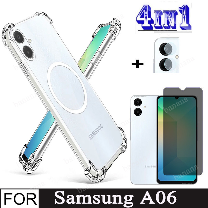 4In1 Samsung Galaxy A06 Case Magnetic Sticker Shockproof Phone Case for Samsung A05 A06 A05s Tempered Glass Screen Protector Privacy Anti-Spy Film