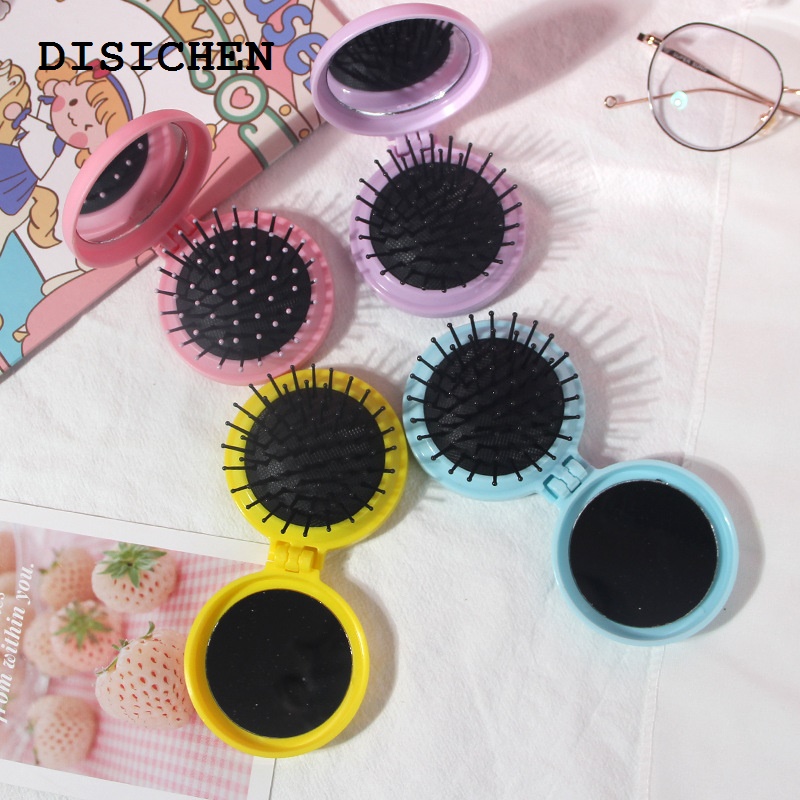 DISICHEN Fifty percent discount 1PC Portable Round Pocket Small Size Travel Massage Folding Comb Girl Hair Brush With Mirror Styling Tools