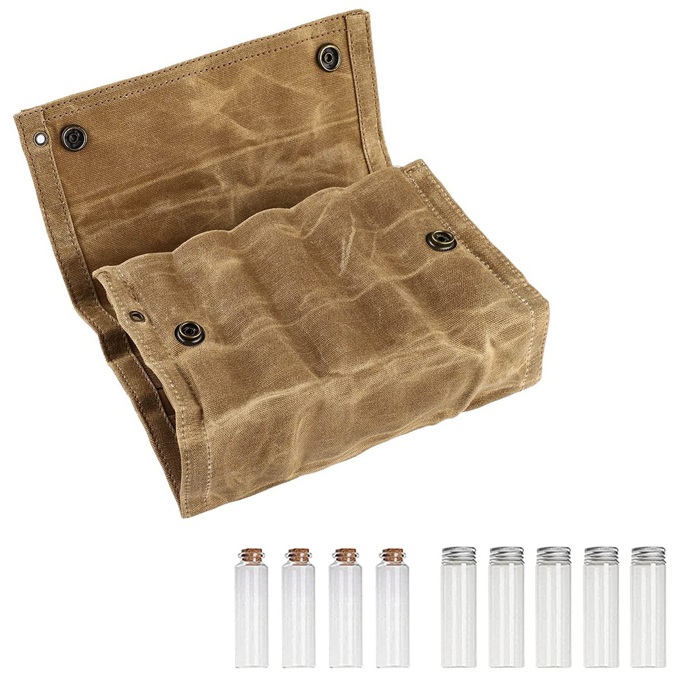 NAMUNY Outdoor Spice Bottle Bag Portable Folding Canvas Waterproof Large Capacity Camping Hiking Picnic Bbq Bag-Khaki