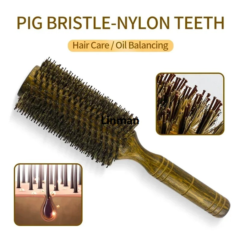 Linman Professional Boar Bristle Round Hair Brush For Women Men Salon HOriginalair Styling Curly And Straight Comb Hairdresser Wood Round Brush