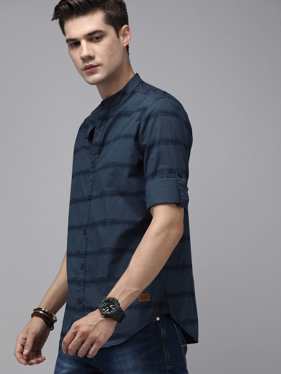 Fabdale Men’s Pure Cotton Blue Striped Mandarin Collar Casual Shirt | Smart Comfort & Contemporary Charm (ROAD-015)