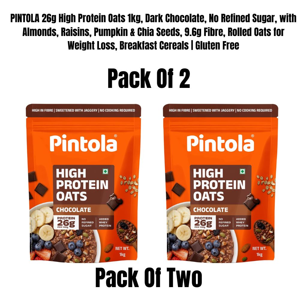 Pintola High Protein Oats Dark Chocolate 1kg (Pack Of 2) - 25g Protein per Serving, No Refined Sugar, 8g Fibre, Almonds Raisins Pumpkin & Chia Seeds, Rolled Breakfast Cereal for Adults, Gluten Free | Made in India