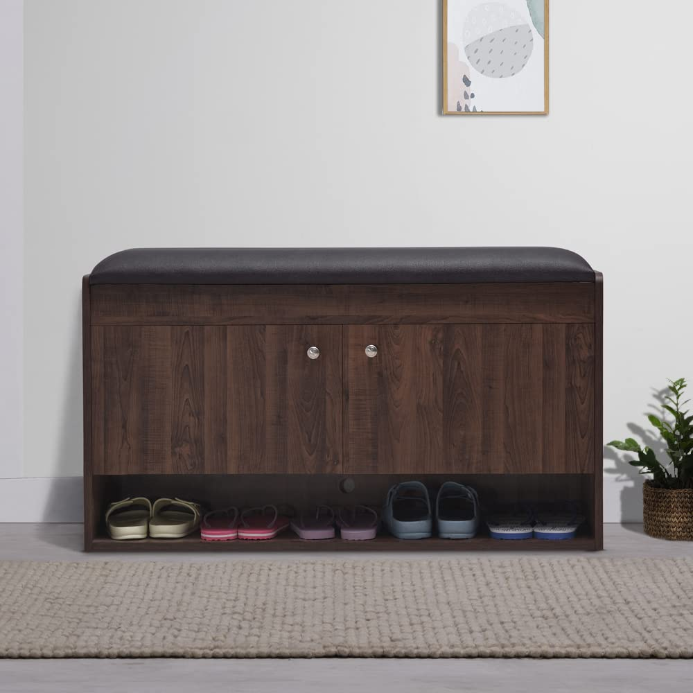 Comfy Footsie l Engineered Wood Horizontal Corner Shoe Rack With Cushion Seat, Comfortable Closed Shoe Cabinet for Home and Office (2 Door, 15 Pair, Dark Walnut)