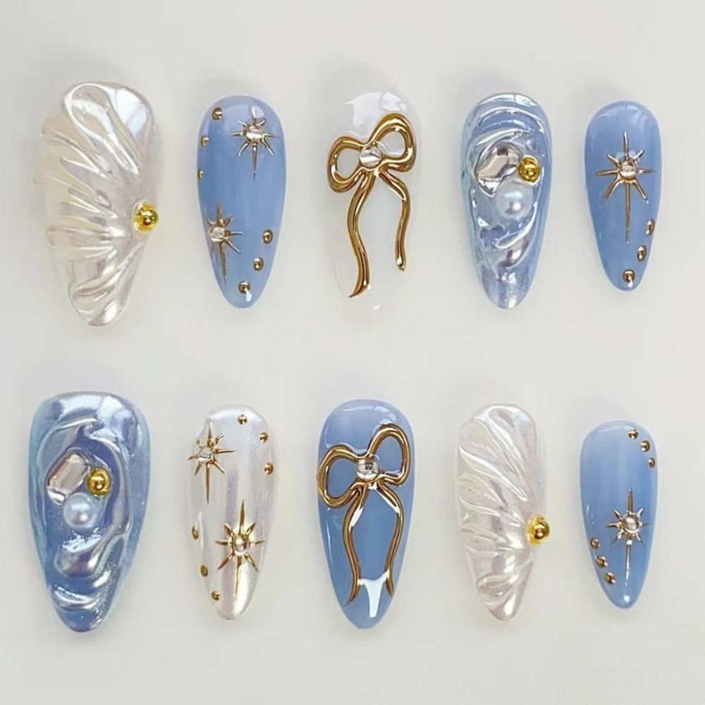 24pcs Manicure Long Almond False Nails French Deep Blue Cat Eye Stripe Fake Nails Golden Sparkling Bow Wave Detachable Press on Nails Women