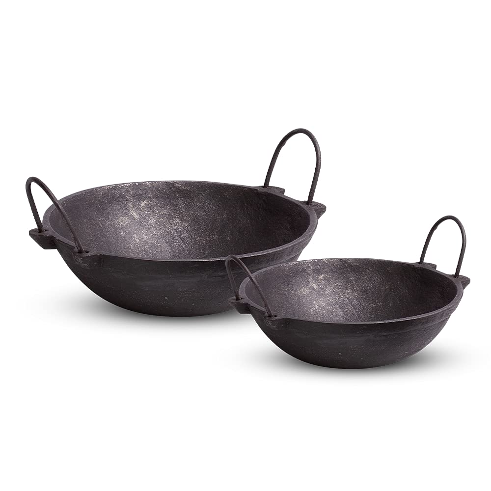 Traditional Design Cast Iron Kadhai Pan Big Size 13" Size for Cooking Curry/ Deep Frying and Cooking Hand Crafted From Melted Iron | Healthy| Ayurveda Recommendation | Kadhai/Kadai/Pan | hand Crafted Cookware