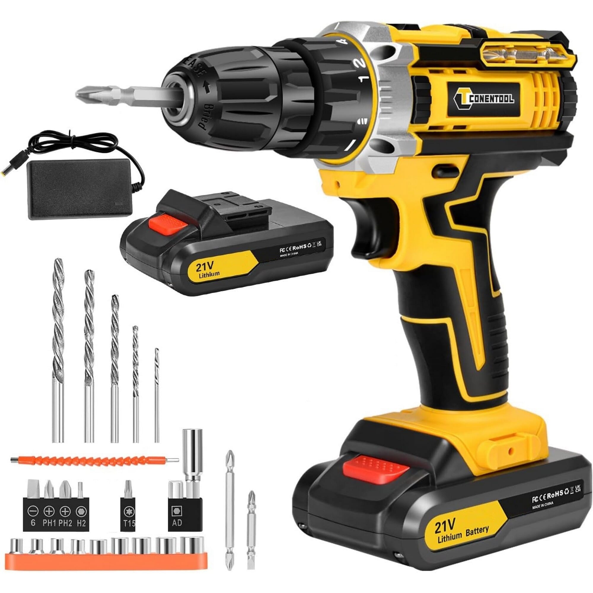 21V Cordless Drill Driver Set, Electric Screwdriver with 2X Batteries, 42 N.m Max Combi Drill, 18+1 Torque Power Drills, Cordless Screwdriver