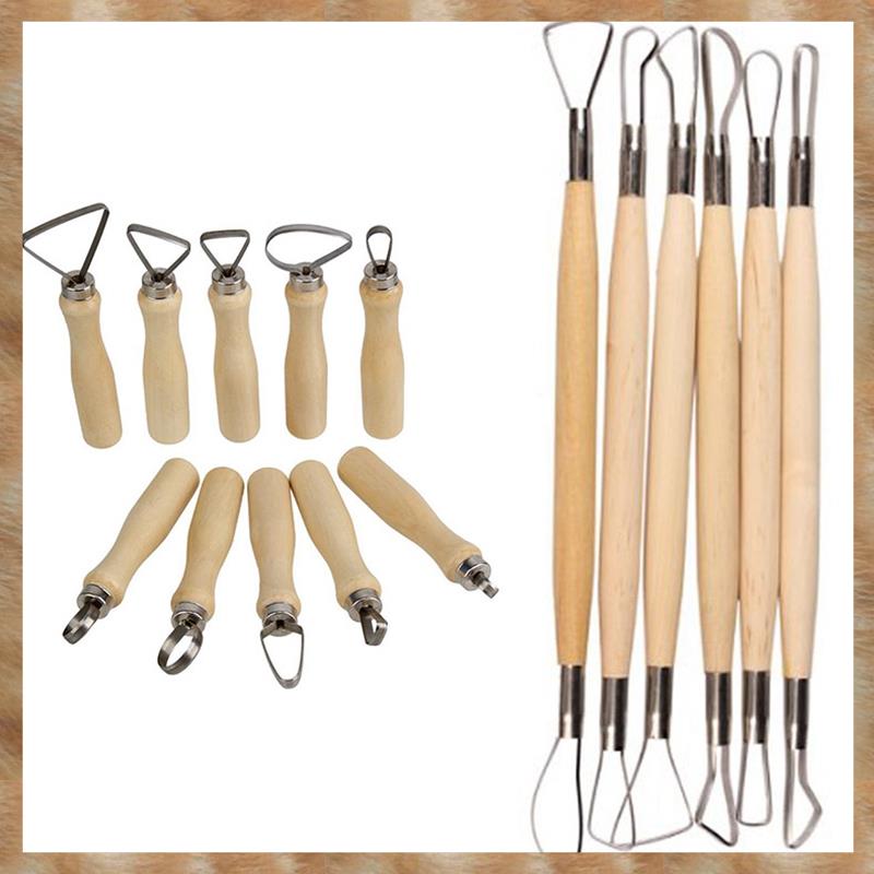 Kqueebee 16 Pcs Clay Pottery Sculpting Tool: 10 Pcs Metal + Wood Thick Handle Flat Wire Cutter & 6 Pcs 8 Inch Double Ended Sculptor'S Carving Tool Wooden Handle