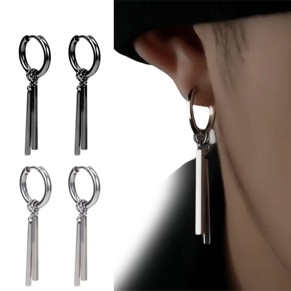 1pairs Fashion Stainless Steel Clip-on Earrings No Ear Piercing Gothic Punk Square Stick Pendant Earrings Simple Modern Tassel Earrings For Women and Men