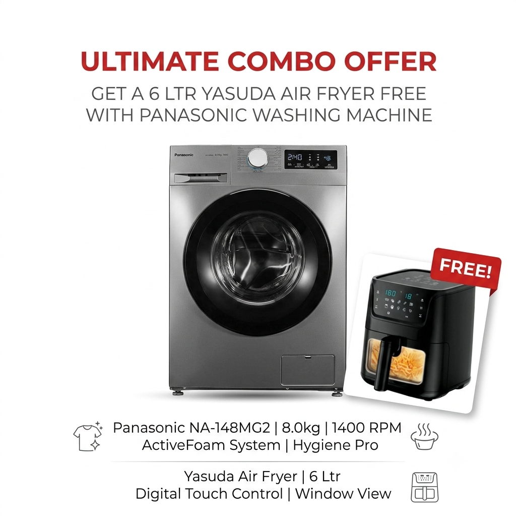 Panasonic Front Load Washing Machine 9 kg Inverter Motor NA-18MG1LN1 - Big Digital + Free Air Fyer 6ltrs Yasuda