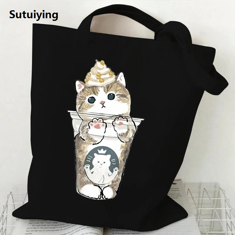 Sutuiying High Capacity Women Men Canvas Shoulder Bags Cute Cats Cartoon Anime 2025 Tote Bag Teen Girls Beach Bag Funny Kitten Female Handbags