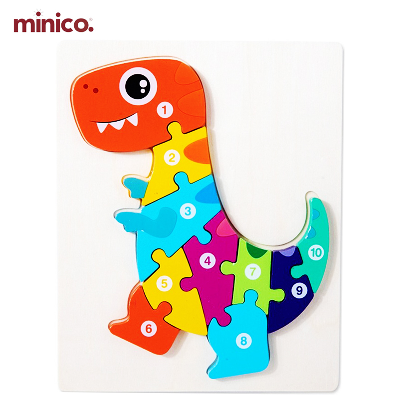 Minico Wooden Dinosaur (Tyrannosaurus) Shaped Puzzle for Kids (1-10 Numbers) | Colorful Montessori Educational Toy for Baby & Toddler | Early Learning & Cognitive Development