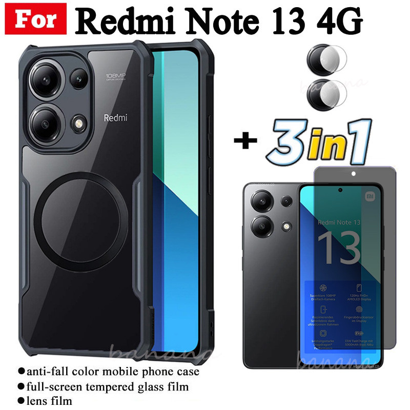 3 in 1 Redmi 13C Shockproof Phone Case With Magnetic Wireless Charging Sticker For Redmi 13C 5G Anti Spy Privacy Full Coverage Tempered Glass Screen Protector and Lens Film
