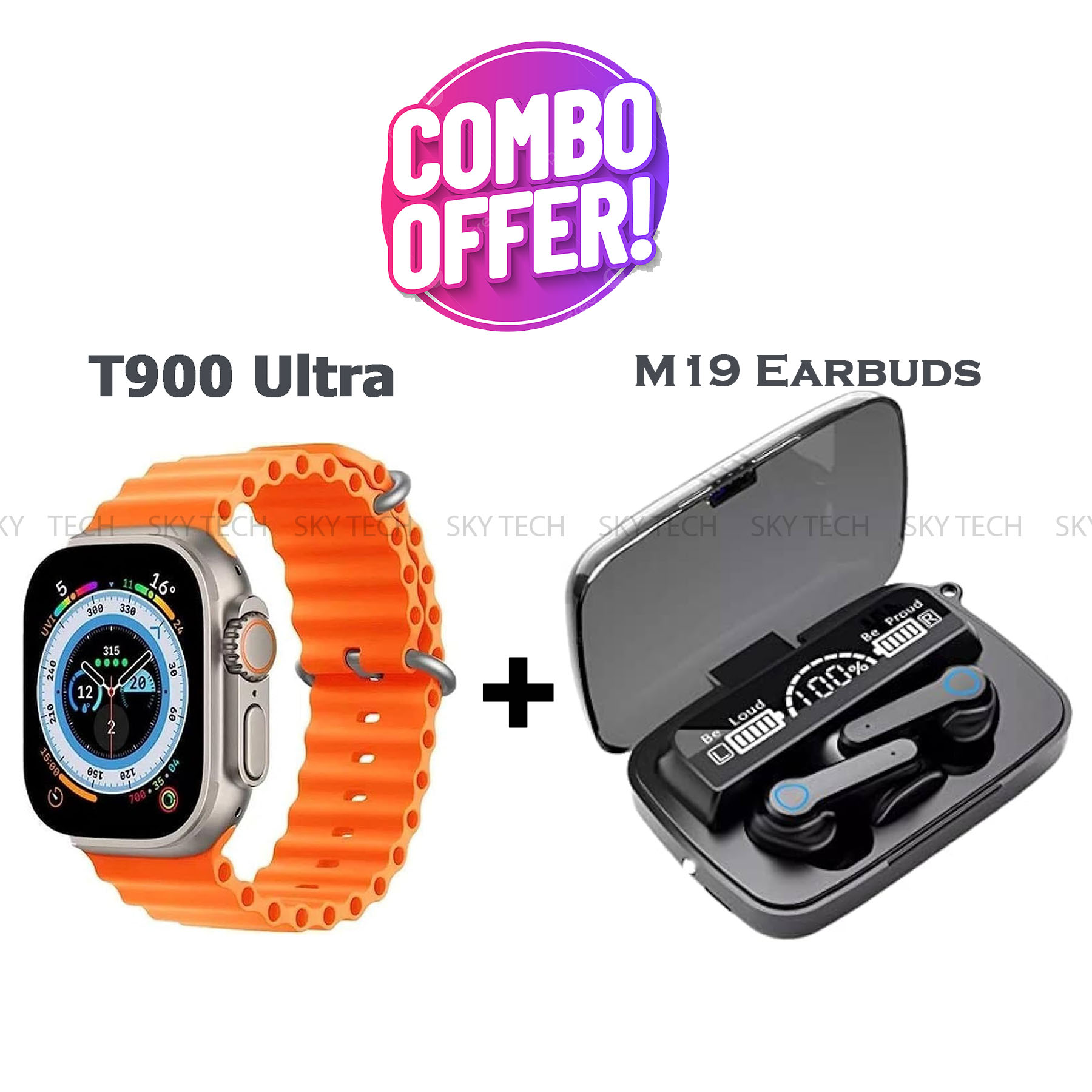 Combo M19 Wireless Bluetooth Earbuds with T900 Smart watch Ultra Big Display 2.09 For Men/women