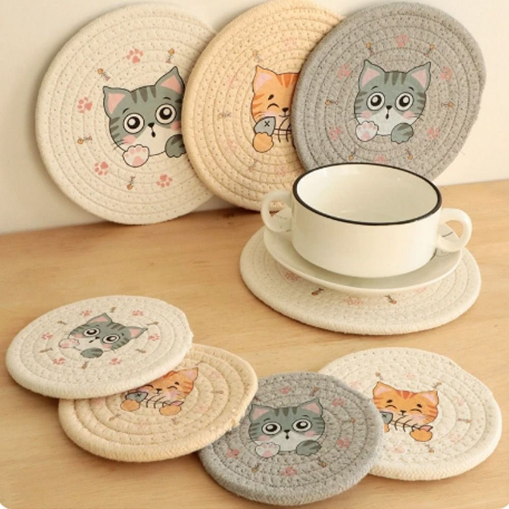Cartoon Cat Heat Insulation Woven Cotton Placemat Anti-scalding Non-Slip Coaster Thicker Round Pot Pad Table Decoration