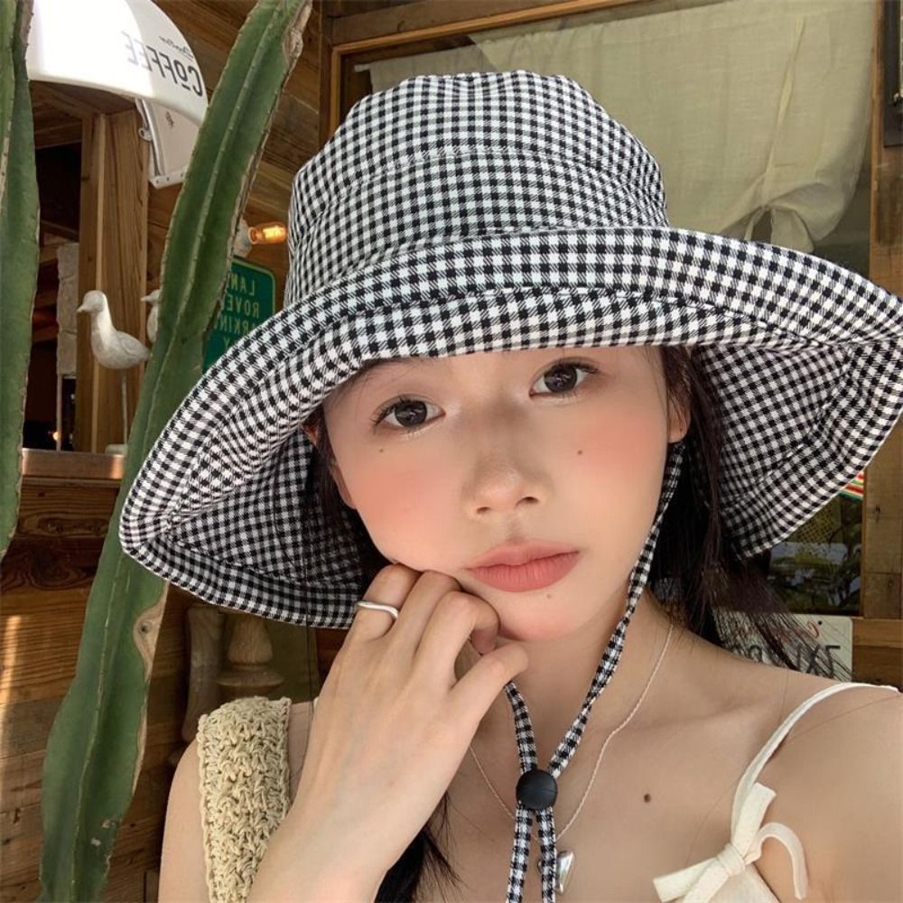 New Summer Plaid Sun Hats Casual Drawstring Bucket Hats Large Brim Foldable Fisherman Hat Travel