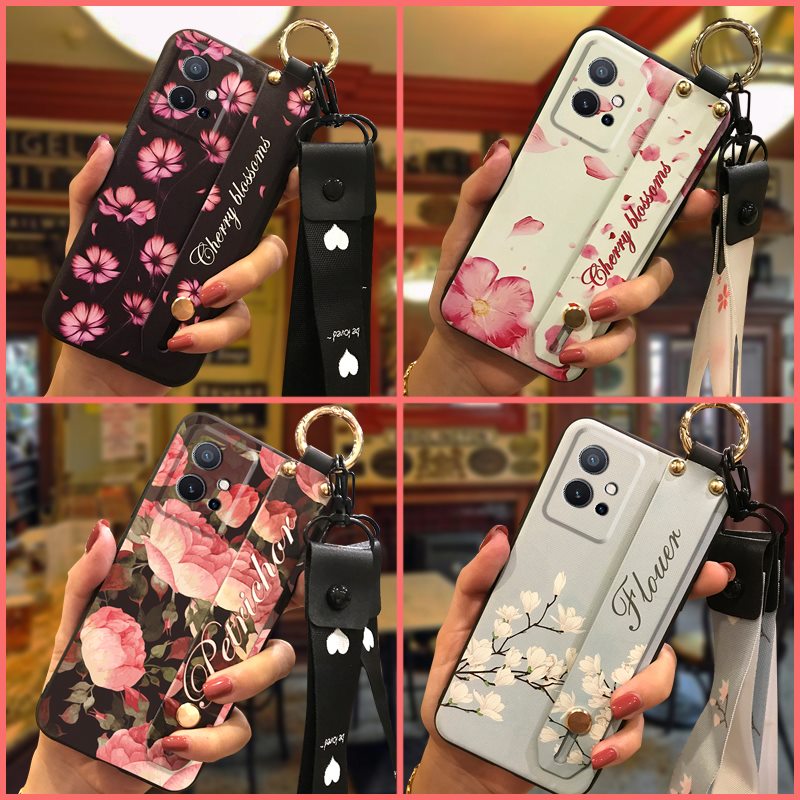 ring Kickstand Phone Case For VIVO Y75 5G Global/T1 5G India/Y55 5G Global/Y33S 5G China Flower Waterproof Wristband