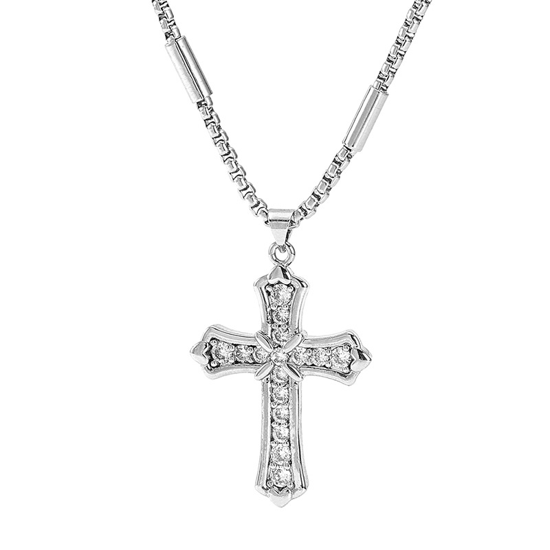 Hip Hop Diamond Cross Necklace Unisex Simple Sparkling Diamond European and American Titanium Steel Necklace Vintage Style Cross Pendant