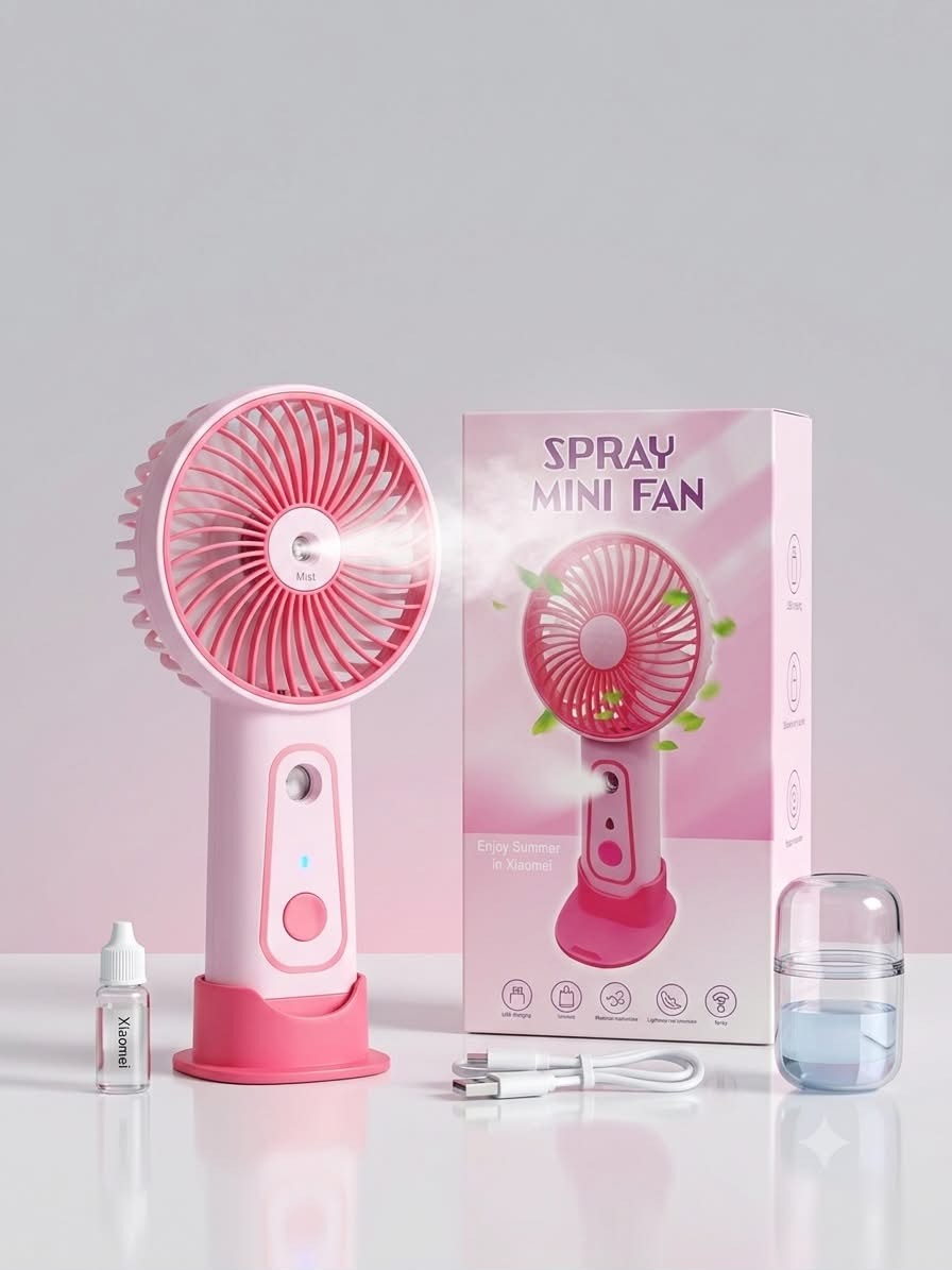 Portable Spray Mini Fan with Mist | USB Rechargeable Handheld Fan | 3-Speed Cooling Table Fan for Home, Office, Travel, Kids, Makeup | Personal Battery Air Cooler, Small Pocket Car Fan