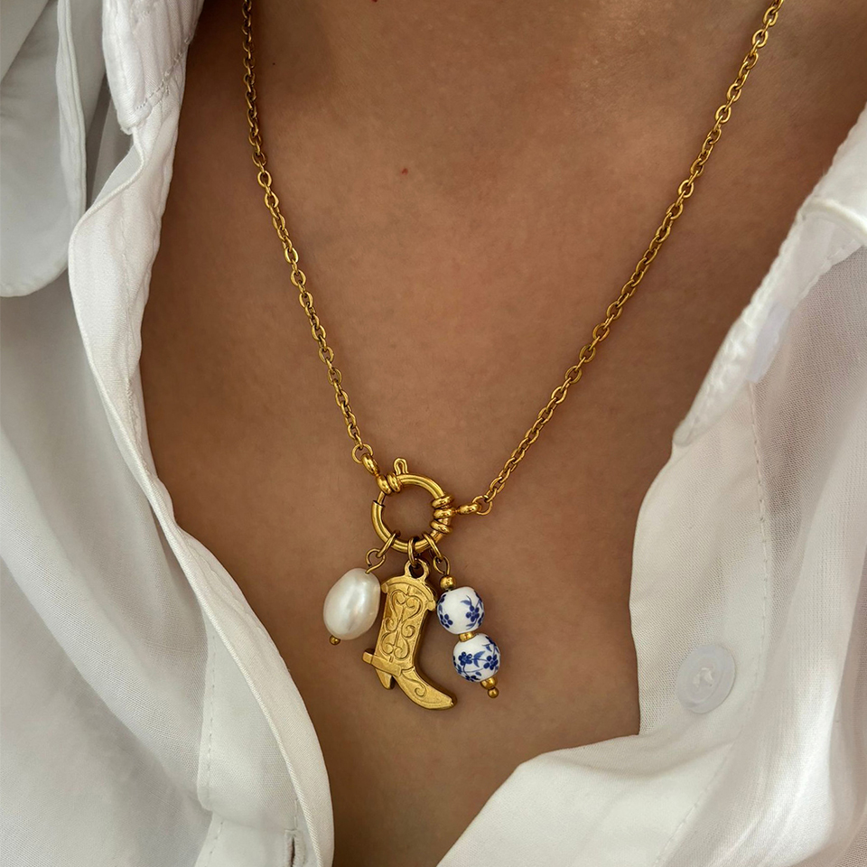 Fifty percent discount Gift Fashion Necklace Pendant Ceramic Pearl Freshwater Natural 316LYupsk Stainless Steel Round Shoe Shape Hanging Ladies Unique