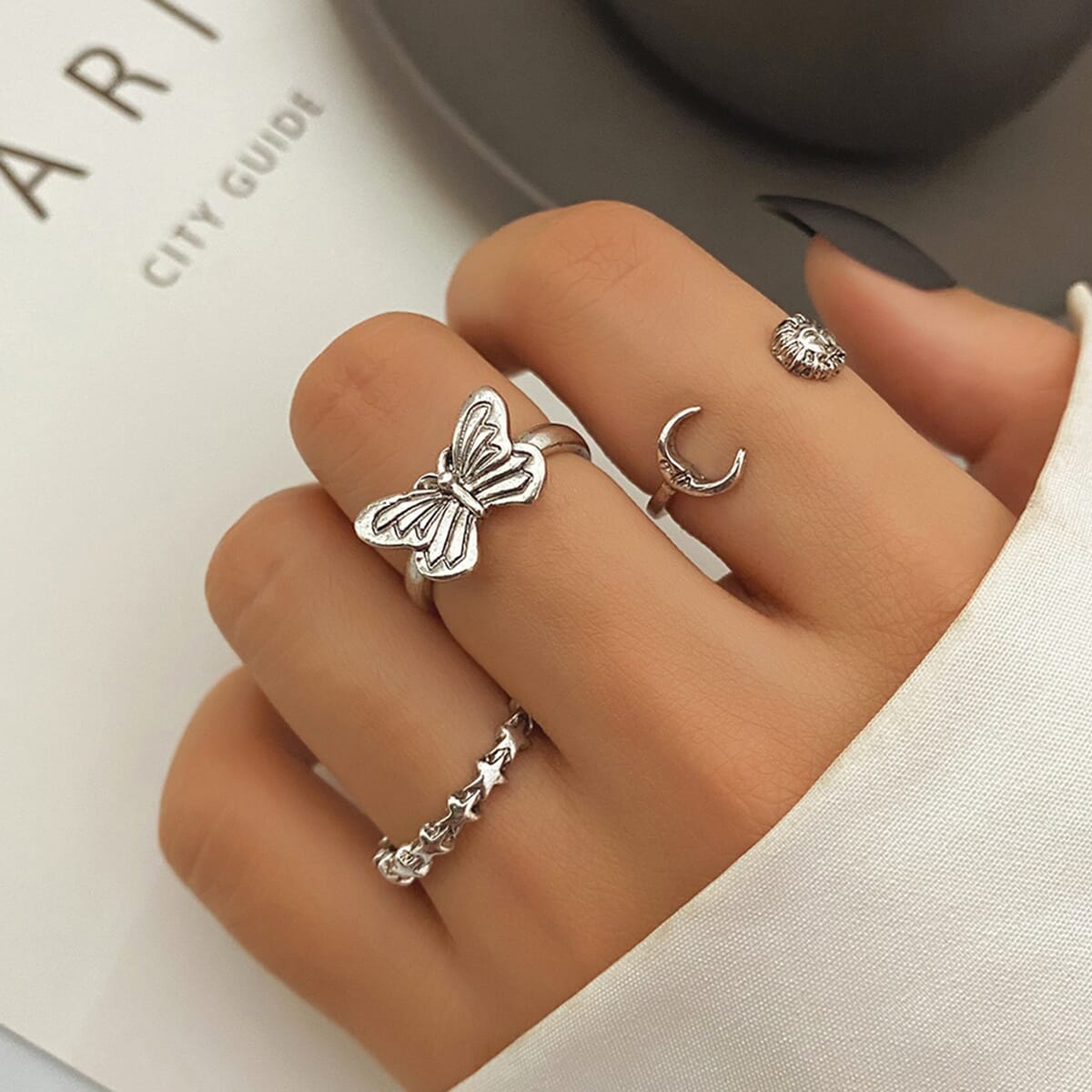 ANX Cute 3pcs Retro Butter Fly & Star Silver Set Rings for Women / Cross Finger Rings For Her