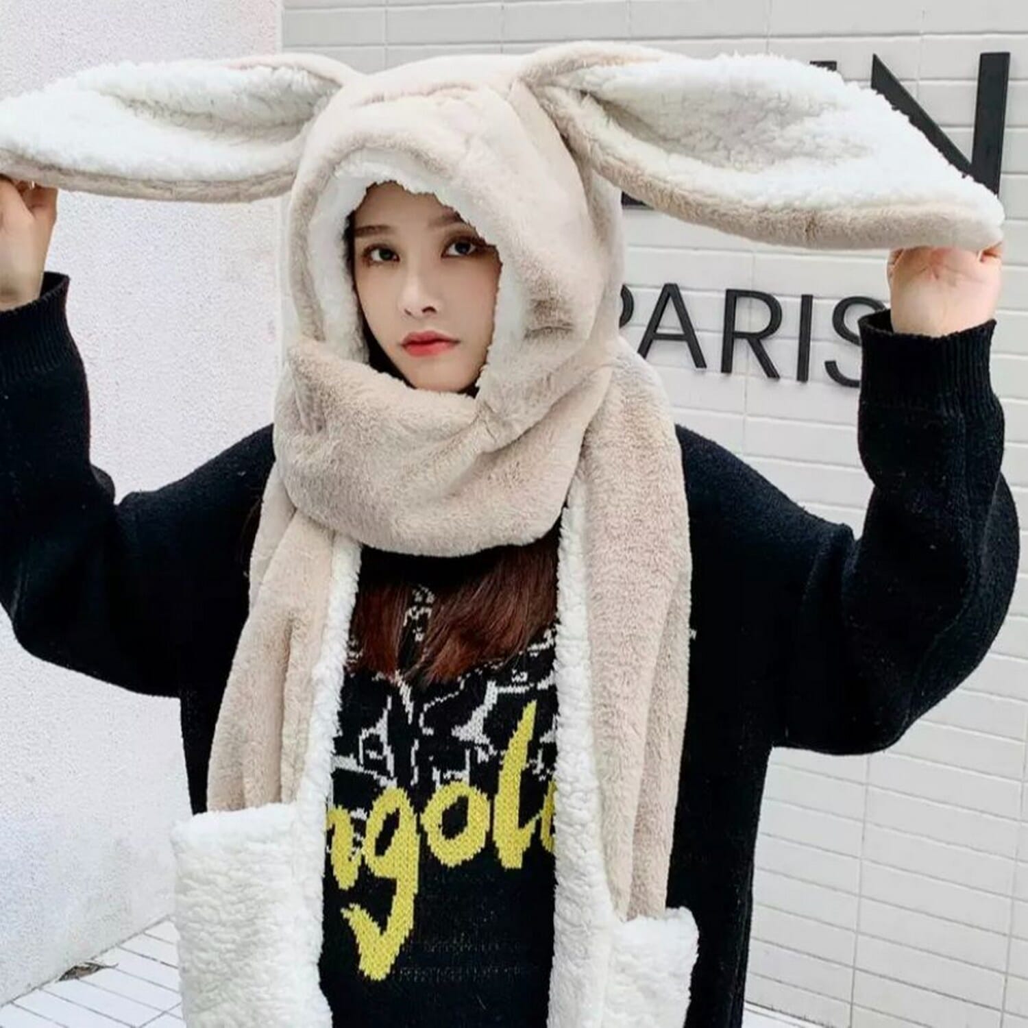 Masala Beads 3 In 1 Super Long Rabbit Ear Cap + Muffler + Mitten Cap Trendy Kawaii Cute Design Warm Fur Hat