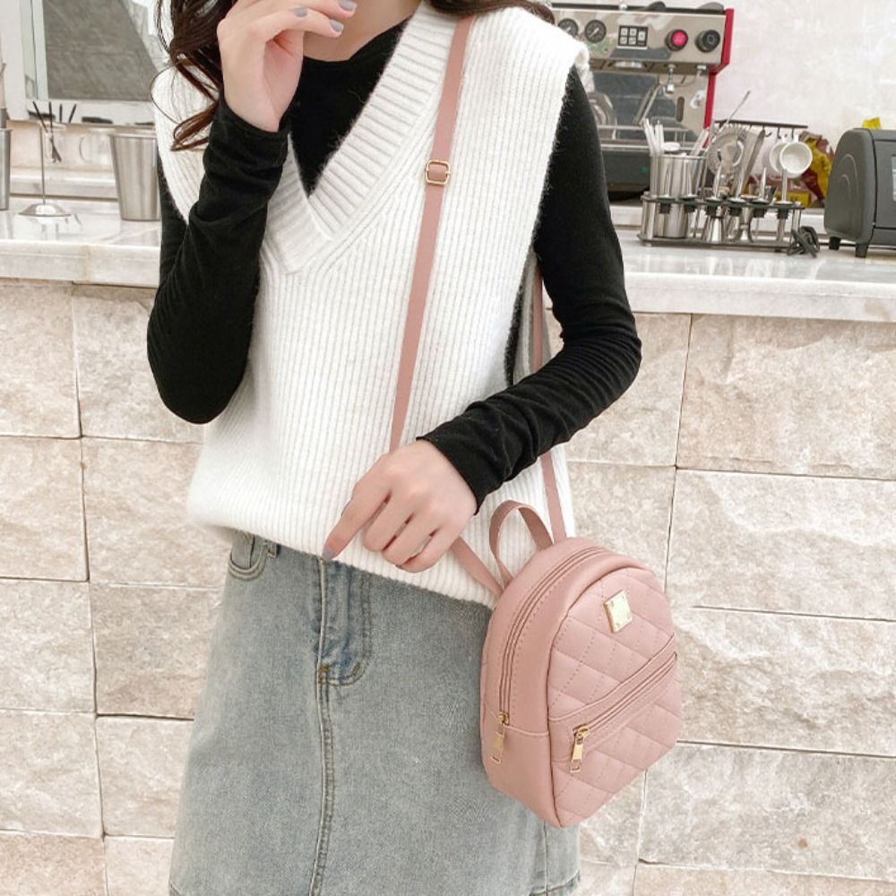 Fashion Solid color Lingge Backpack Handbag Travel Bag PU Backpack Storage Bag Small School Bag Students