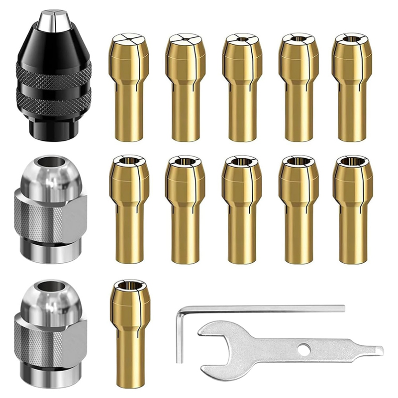 JAERBEE 16Pcs Drill Chuck Collet Set, 1/32 to 1/8inch Drill Chuck Collet Set with 11Pcs Brass Collet, 3Pcs Chuck, 2Pcs wrench