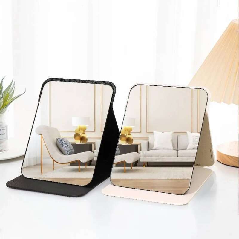 Simple Square Shape Folding Cosmetic PU Leather Makeup Adjustable Beauty Tool Table Mirror Domestic