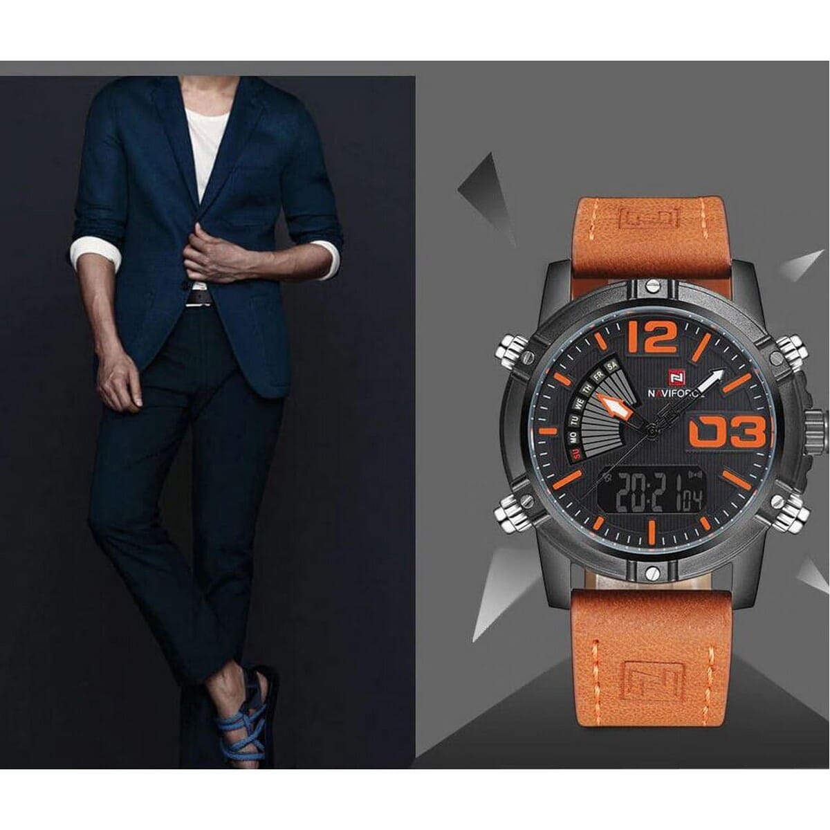 NAVIFORCE Nf9095 Men Black Watch Sport LED Leather Military Waterproof Dual Time Function Analog Digital Watch