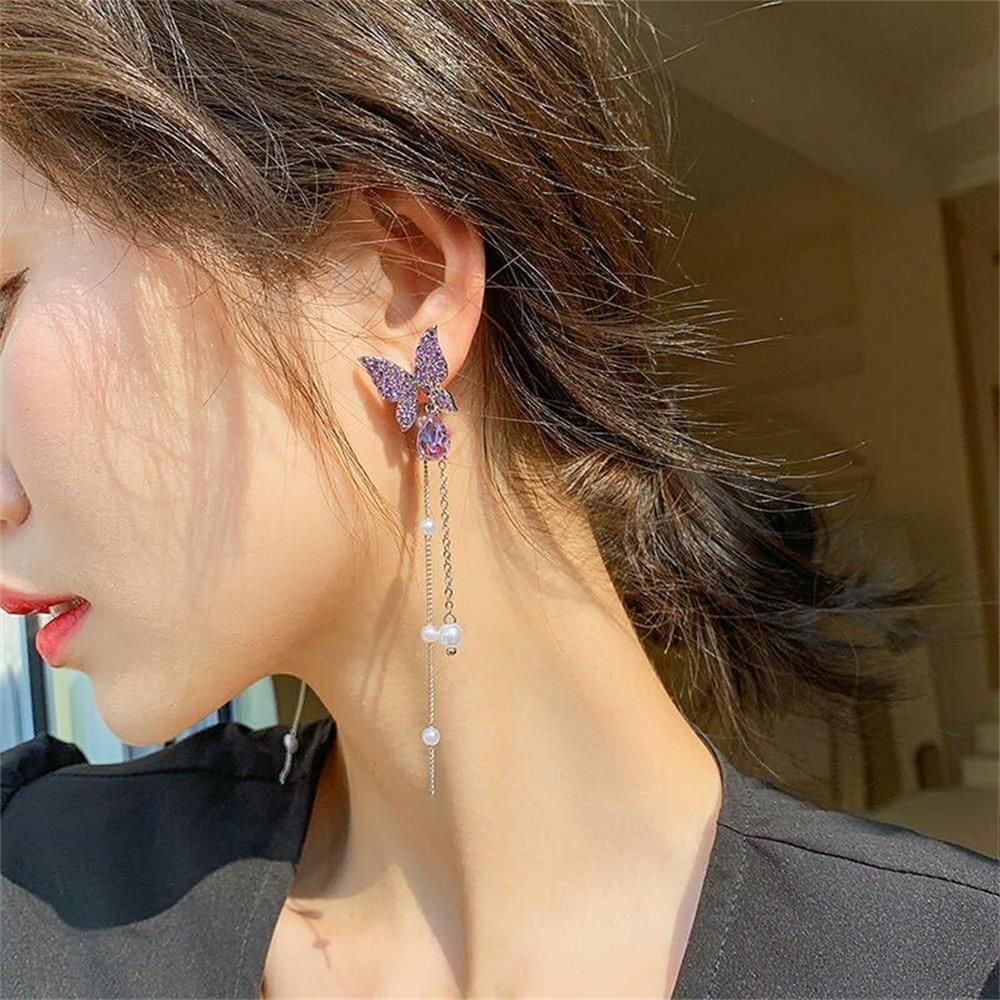1 Pair Crystal purple Butterfly Drop Earring - Korean Style Lavender Purple Butterfly With Pearl Drop Shine Earrings For Party Wear (Best Gift Ever For Girls/ Women & Teens)