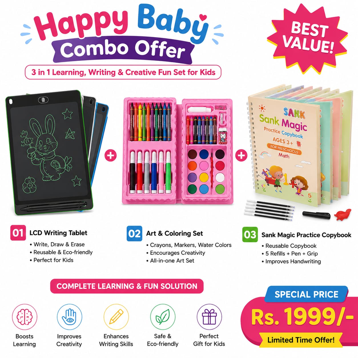 3In1 combo set LCD Writing Tablet with Magic Practice Copybook & Art Kit | Reusable Drawing Board | Educational Learning Toy for Kids Age 3+