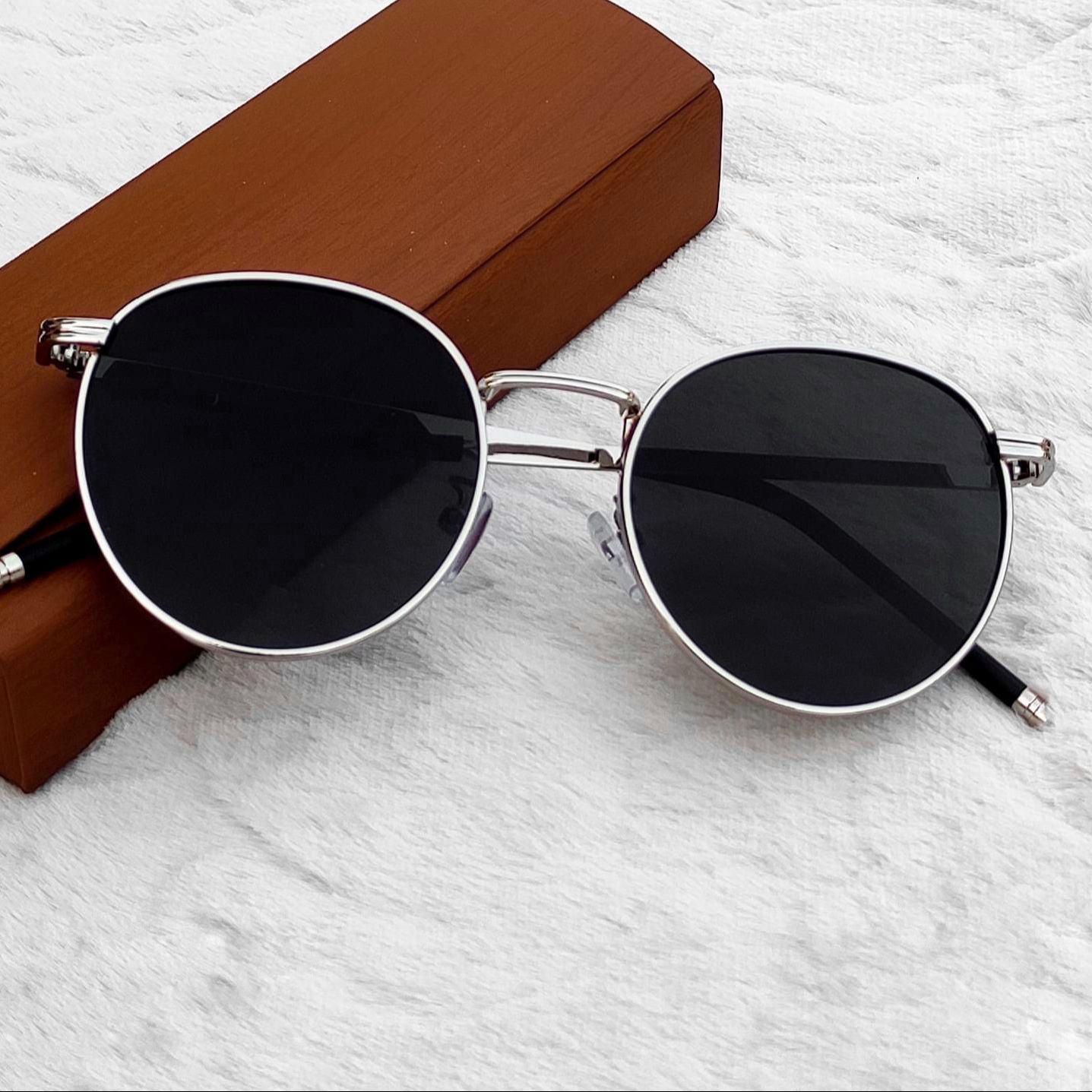 Sunglasses for Men - Classic Round Silver Frame Style - Black Lens