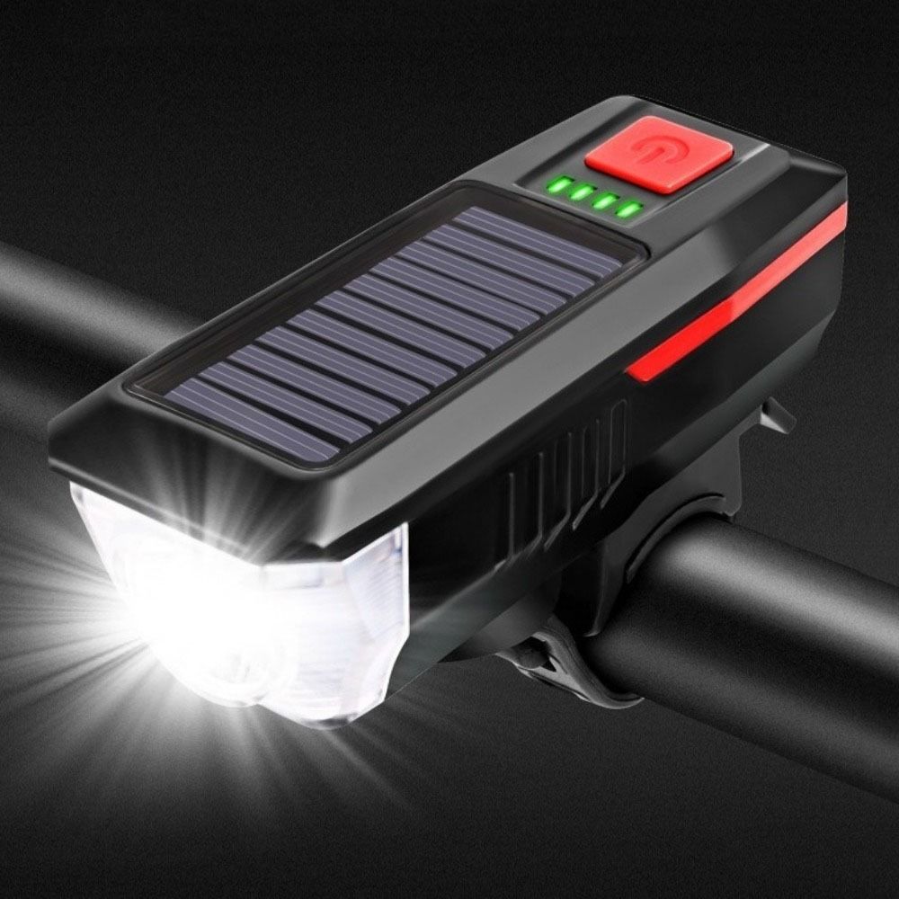 Practical Rechargeable Solar Bicycle Light Power Display 3 Modes Bike Front Lamp with Horn Strong Light Bike Headlight Cycling Safety