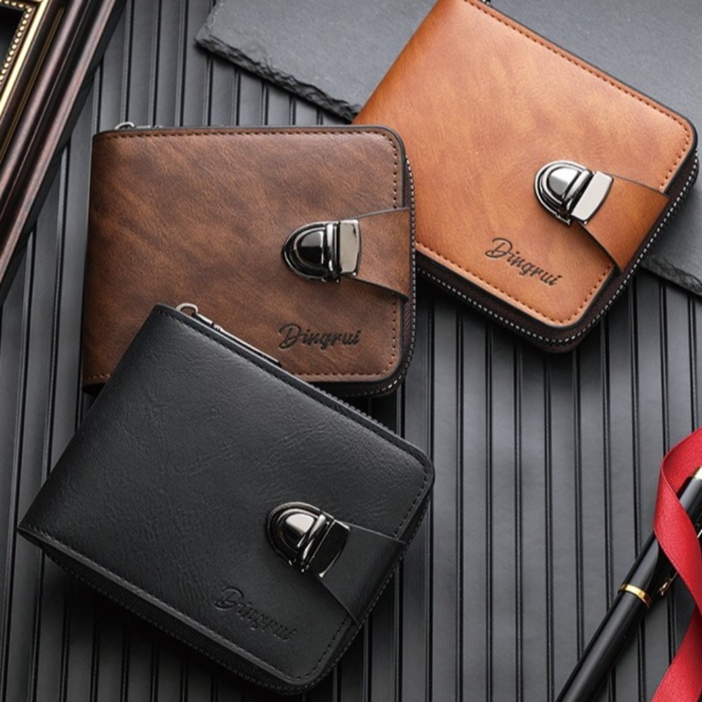 Portable Zipper Men's Wallet Solid Color Buckle Business Wallet Multiple Card Slots Foldable Coin Purse Daily