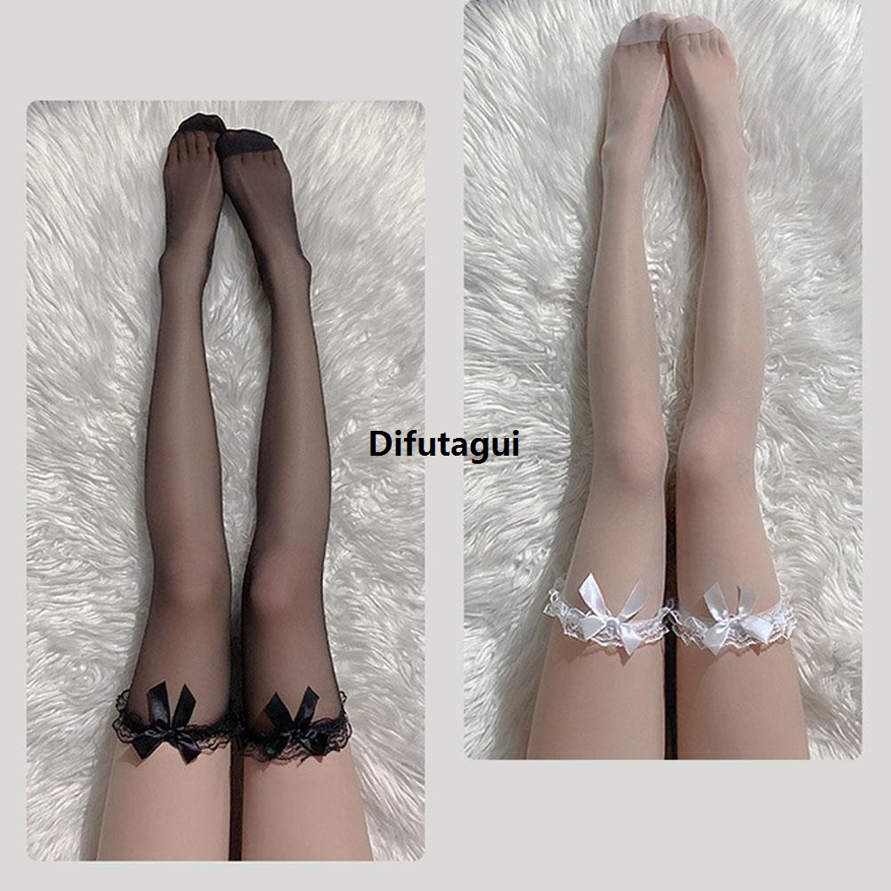 Difutagui Black White Overknee Long Socks Women Sweet Girls Punk Thigh Stockings Portable High Fishnet Lolita Bowknot Mesh Legging Lace G A1r2