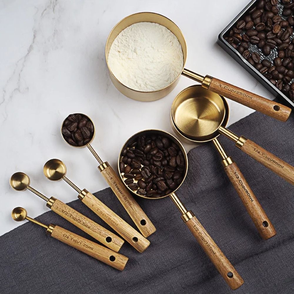 New Stainless Steel Measuring Cups Spoons Wooden Handle Bartending Scale Baking Tools Gold Mini Tea Spoon Coffee Measuring Spoon