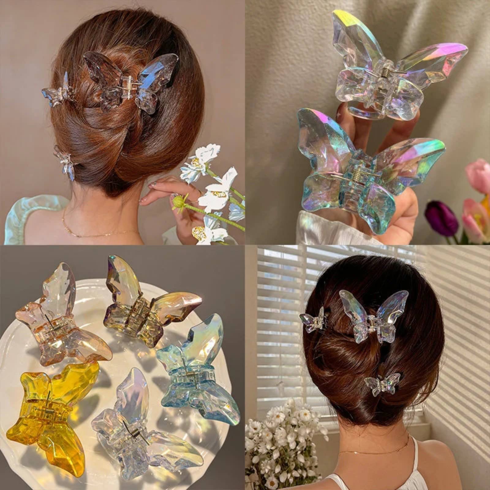 2Pcs Korean Butterfly Hair Claw Clips for Women Girl Acrylic Crystal Transparent Shark Hair Clip Butterfly Hairpin Hair Accessories