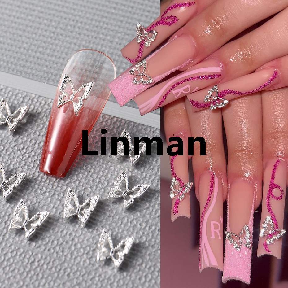 Linman 10pcs Butterfly Shaped Nail Rhinestone Silver Gold Butterflies New Nail Charm 3D Nail Decoration Glitter Nail Manicure Accessories