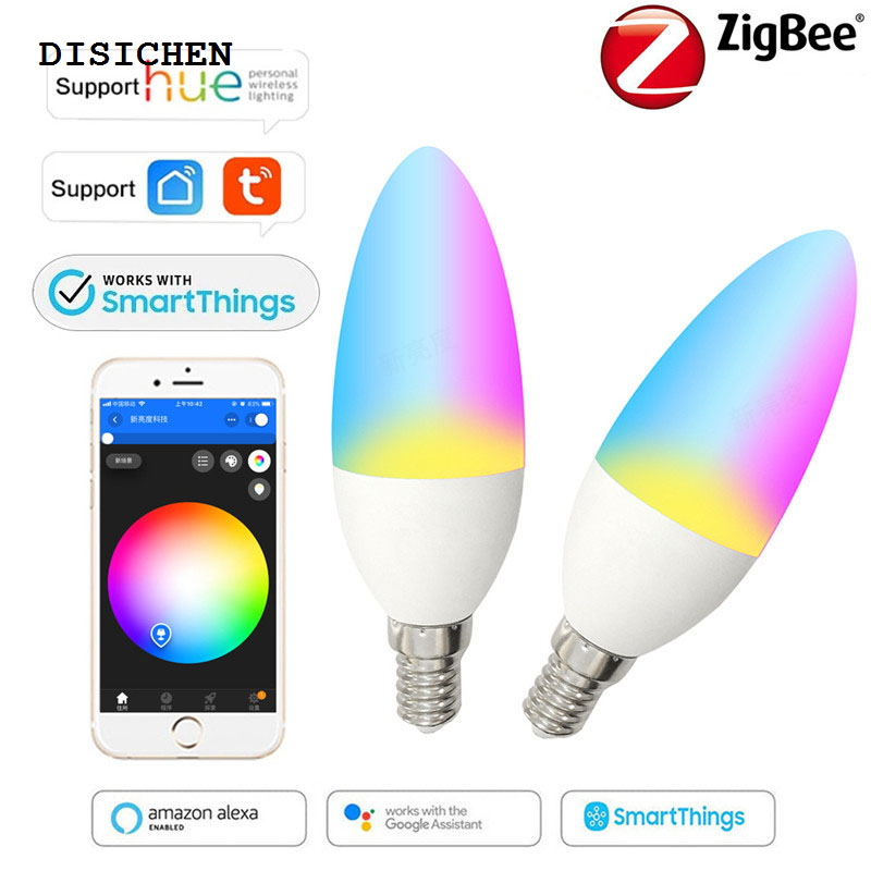 DISICHEN Hot Selling Tuya Zigbee 3.0 Smart E14 LED Candle Light Bulb RGB+W+C Dimmable Via SmartThings ZigBee Gateway Voice Control Alexa Google Home