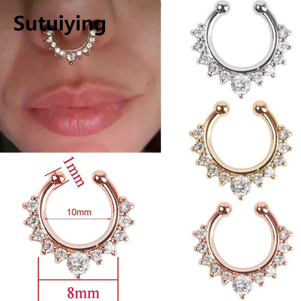 Sutuiying 1Pc 10mm Zircon Septum Piercing Nose Ring Hoop nose For Girl Men Faux Body Clip Rings non Body Jewelry Non-Pierced