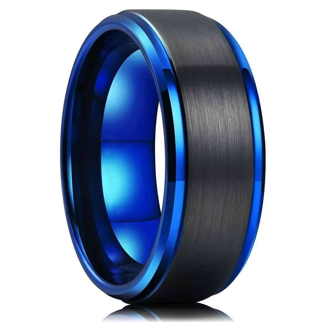 8mm Black Brushed Titanium Rings for Women Blue Color Edge Men Stainless Steel Ring Wedding Party Jewelry Gifts
