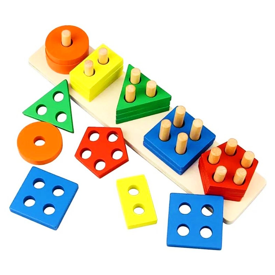 Wooden Montessori Educational Colorful Geometric 5 Shapes Sets Sorting Board For Kids