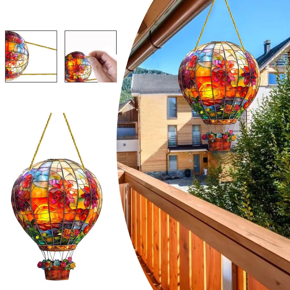 New Colored Sun Catcher Disc Pendant with Flickering Flame Acrylic Stained Glass Flag Waterproof Hot Air Balloon Window Decorations Home Decor