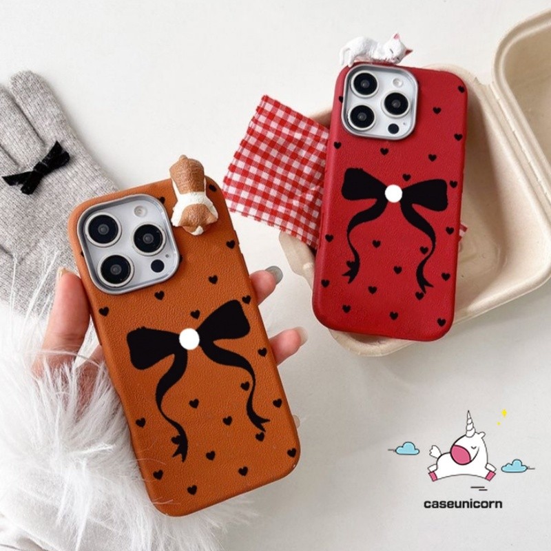 Dreamy Cartoon Bow Knot Ins Cute Love Heart Cat Case Compatible for IPhone 14 13 15 16 11 12 Pro Max XR 14 16 15 Plus X XS Max Creative DIY 3D Doll Luxury Leather Texture Soft Case